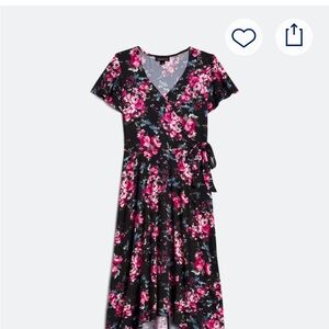 Faux Wrap-Style Midi Dress in Black with Pink Floral Print